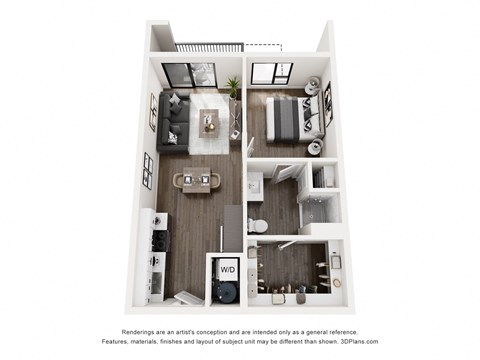 A 3D floor plan of a small apartment with a kitchen, living room, and bathroom.